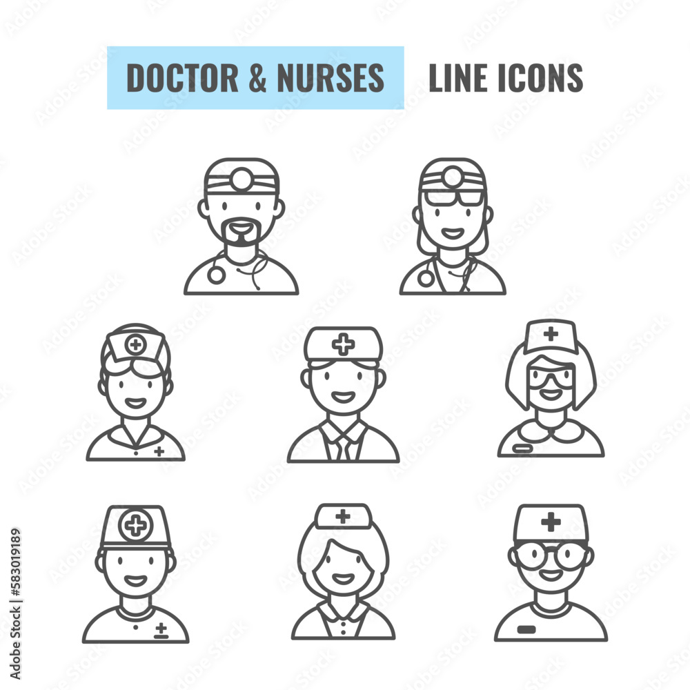 Doctor and Nurse Outline Icons set. Female and male Physician, Doctor or Nurse avatar set. Line Icons for web application. Vector illustration. Doctor and Nurse Outline Icons set. Female and male Physician, Doctor or Nurse avatar set. Line Icons for web application. Vector illustration.