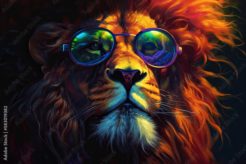 Generative AI illustration of a lion with a lush mane wearing glasses in neon colors. Use in textiles, as a print.