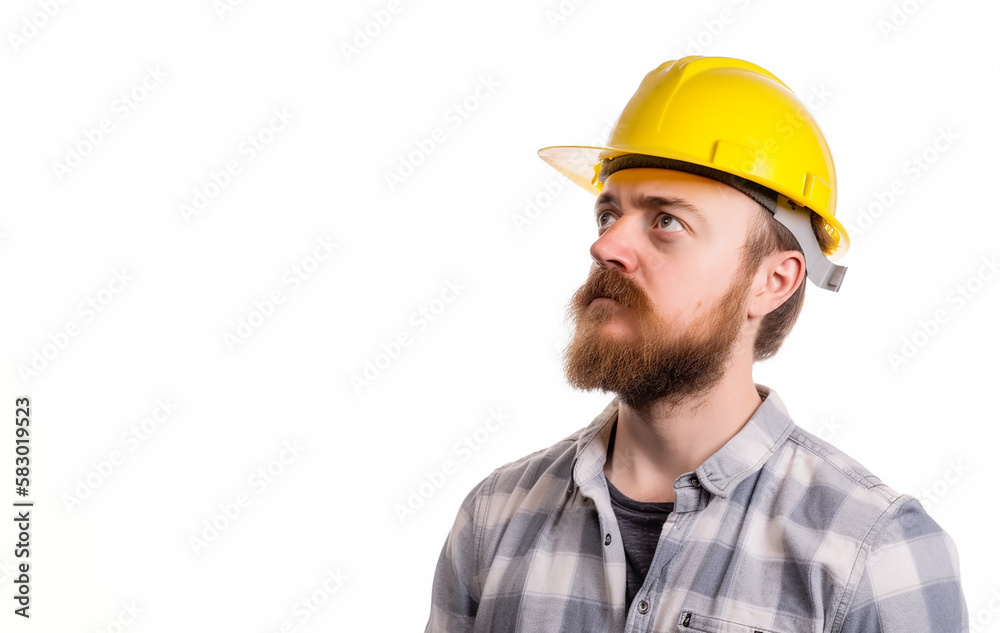 Portrait of happy young foreman with yellow hard hat, Created using generative AI tools. Portrait of happy young foreman with yellow hard hat, Created using generative AI tools.
