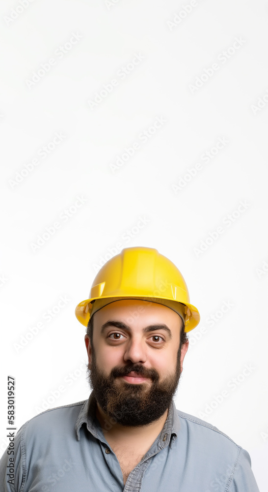 Portrait of happy young foreman with yellow hard hat,  Created using generative AI tools.