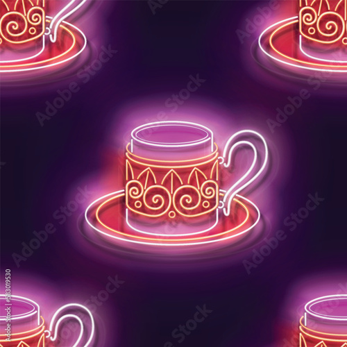 Seamless pattern with glow Metal Cup of Turkish Coffee. Cafe Label, Traditional Drink. Neon Light Texture, Signboard. Glossy Background. Vector 3d Illustration
