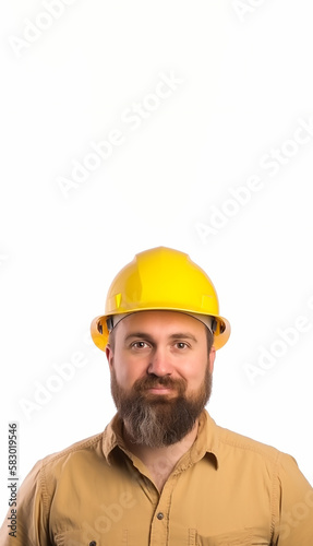 Portrait of happy young foreman with yellow hard hat, Created using generative AI tools.
