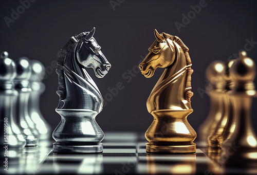 Gold and silver knight chess piece face to face on chessboard. Marketing strategies,competitive strategies and marketing battles concept.