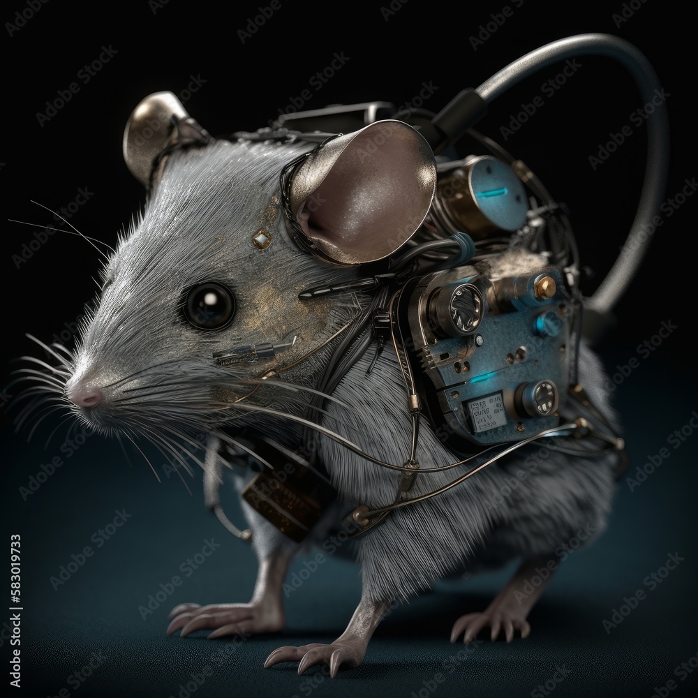 Grey Cyborg Mouse, its left ear and right eye are replaced by metal ...