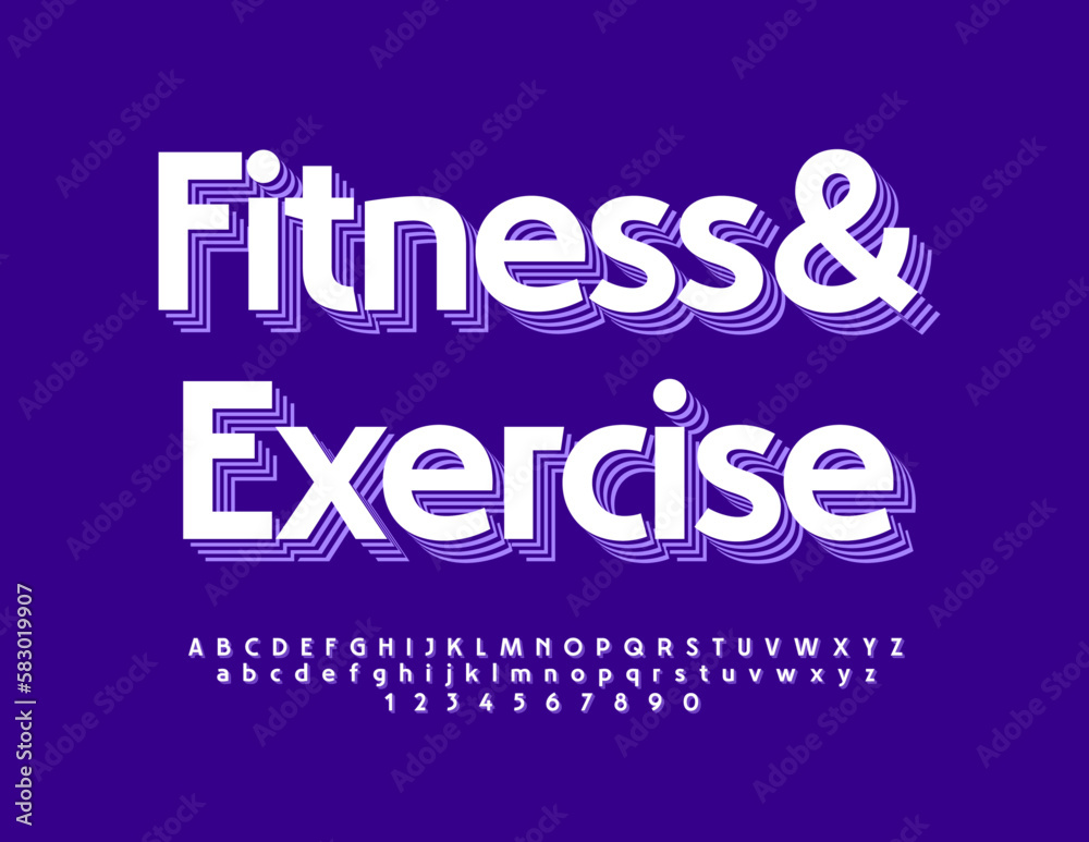Vector sporty poster Fitness and Exercise with trendy 3D Font. Layered Alphabet Letters, Numbers and Symbols set