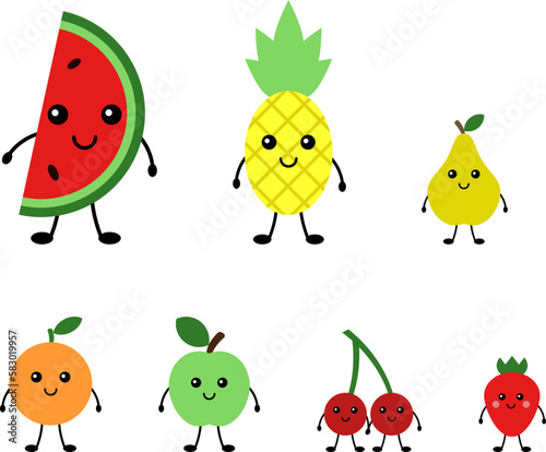 Funny cute fruits and berries, vector. Watermelon and pineapple, pear and apple, orange, strawberry, cherry. Fruits and berries with cute smiling faces.