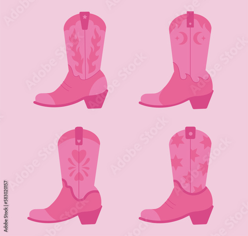 Set of pink vector cowboy boots illustration. Cowgirl wild west elements groove style	
