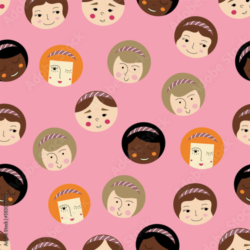 Feminine look, abstract personage, mascot design, funny face, cute icon.