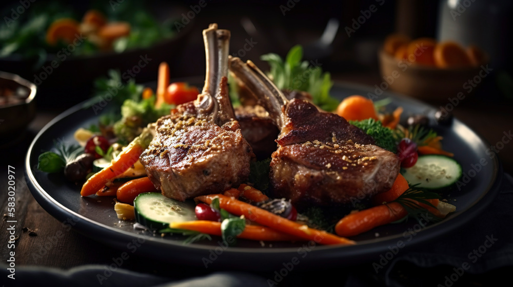 Satisfy your cravings with juicy lamb chops and crispy fried chicken with salad and veggies