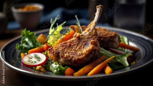 Experience the divine flavors of roasted lamb chops and crispy fried chicken with vegetables