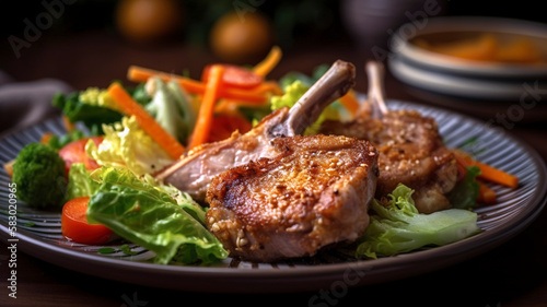 Savor the delectable taste of lamb chops and crispy chicken with a side of salad and carrots