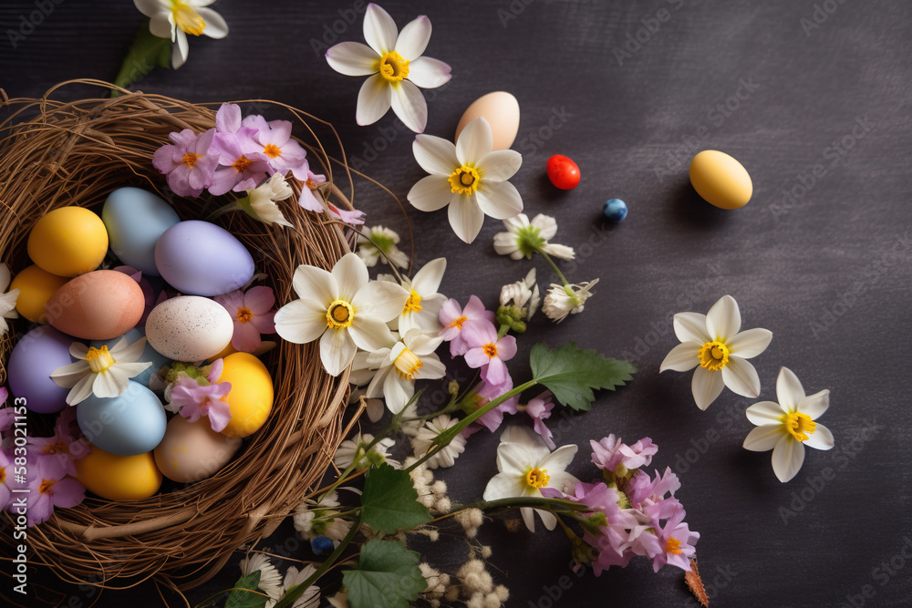 Happy Easter concept with easter eggs in nest and spring flowers on light background. Easter background with copy space, Happy Easter concept with easter eggs in nest and spring flowers on light background. Easter background with copy space,