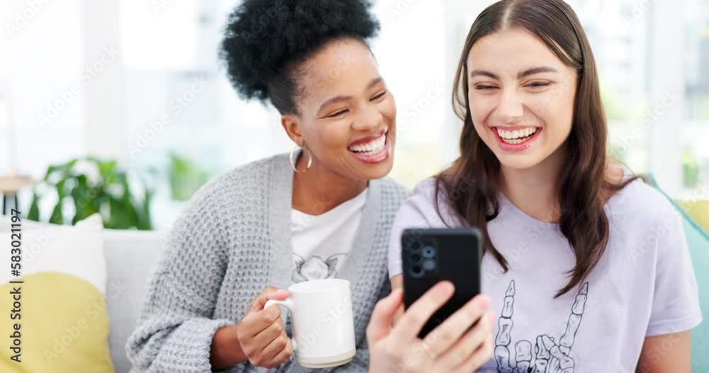 Woman, friends and phone laughing on video call for funny joke, meme or communication at home. Women talking on mobile smartphone with laugh for silly conversation or discussion on living room sofa Woman, friends and phone laughing on video call for funny joke, meme or communication at home. Women talking on mobile smartphone with laugh for silly conversation or discussion on living room sofa