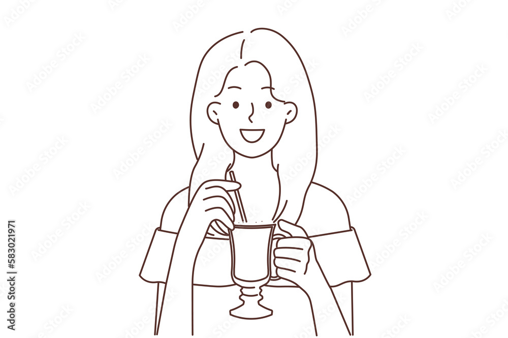 Smiling woman drinking late coffee with straw Smiling woman drinking late coffee with straw