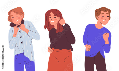 Happy persons celebrating win. People with victory triumph emotion, successful characters enjoy spoils of victory flat vector illustration