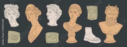 Greek antique sculpture. Classic ancient statues, marble heads and body parts. Mythological greek god and goddess sculptures flat vector illustration set