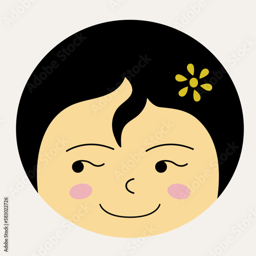 Feminine look, abstract personage, mascot design, funny face, cute icon.