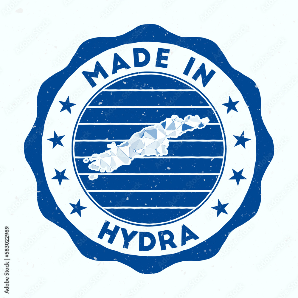 Made In Hydra. Island round stamp. Seal of Hydra with border shape