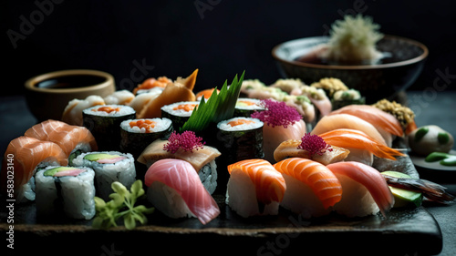 Exquisite Japanese Cuisine: Set of Sushi and Sashimi on Black Stone Plate