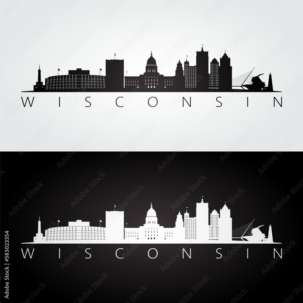 Wisconsin state skyline and landmarks silhouette, black and white design. Vector illustration.