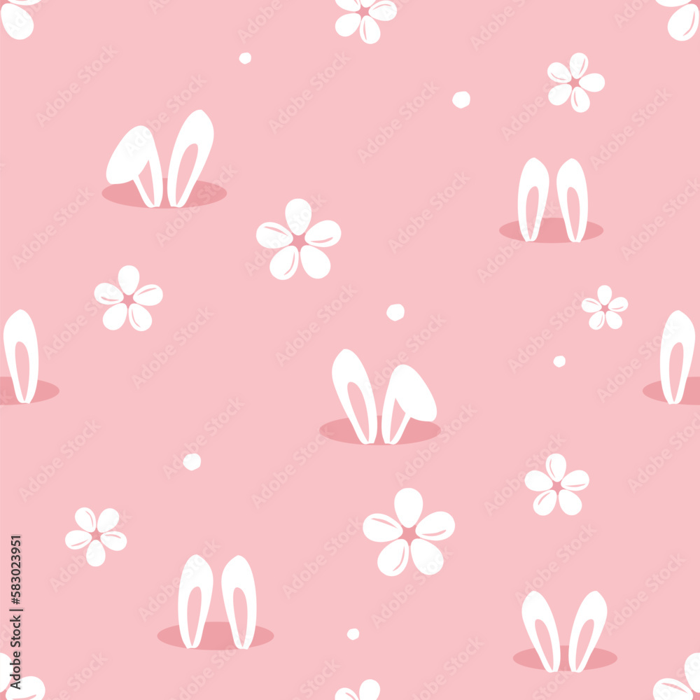 Seamless pattern with rabbits and daisy flower on pink background vector illustration.