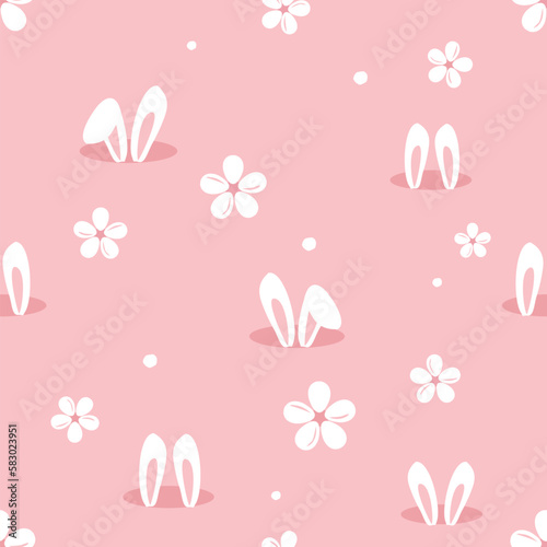Seamless pattern with rabbits and daisy flower on pink background vector illustration.