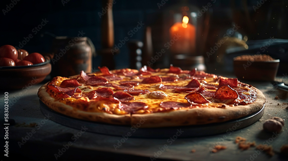 Hot and Savory Pepperoni Pizza with Ham, Paprika, and Tomatoes on Wooden Board