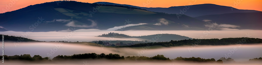 Landscape with mountains and fog. Misty morning panorama. digital ai art