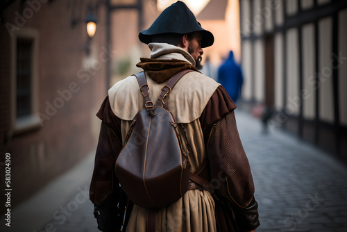 Medieval wanderer on the street of the old city. Neural network AI generated art