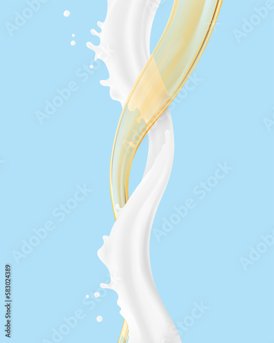 Realistic two swirling waves in a spiral with drops. Vector illustration. Can be use for your design. Great for imaging milk, cream, oil and other liquids. EPS10.	