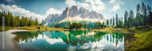 Beautiful morning panorama. Mountains reflected in lake at sunny day. digital ai art