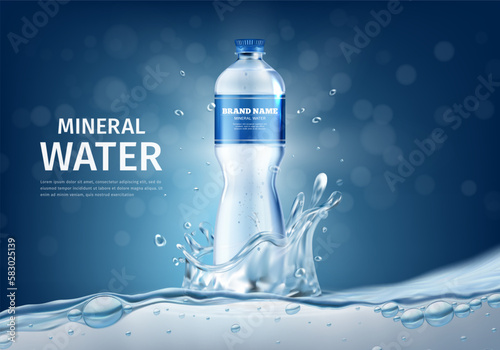 Realistic Detailed 3d Mineral Water Plastic Bottle with Liquid Splash Flying Droplets Ads Banner Concept Poster Card. Vector illustration