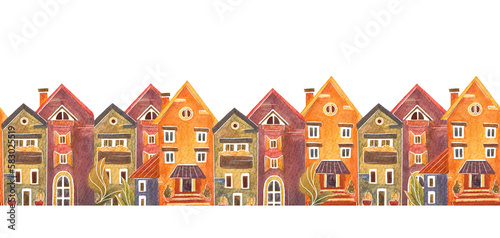 seamless horizontal pattern with vintage houses. Buying a house, housewarming. Drawing on transparent background 