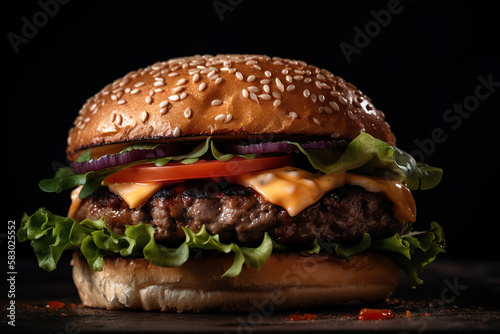 Juicy delicious burger on a dark background. Illustration of Generative AI
