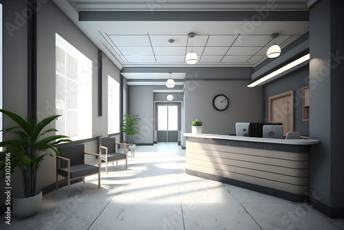 3d rendering. Interior hospital modern design . Counter and Waiting area Empty Reception Medical practice concept.4k © DavidGalih | Dikomo.