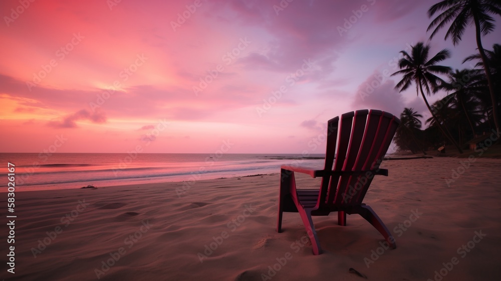 Chaise lounge and a palm tree on wet sand on a backdrop of pink sunset sky and sea coast. Template for promotional poster of hotel, holiday home, private beach vacation. Generative AI photography.