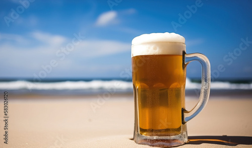 Misted glass mug of cold golden beer on wet sand on a blurred background of the sea coast. Template for promotional poster of hotel, holiday home, private beach vacation. Generative AI photography.