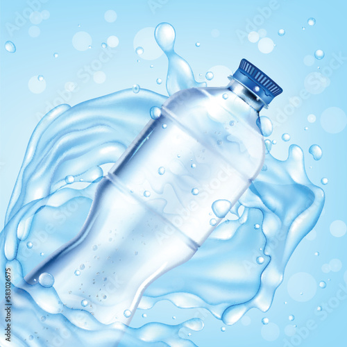 Realistic Detailed 3d Mineral Water Plastic Bottle Blank Empty Template Mockup with Watery Flow . Vector illustration