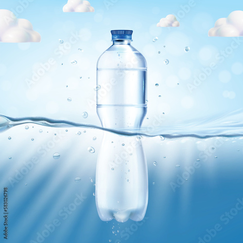Realistic Detailed 3d Mineral Water Plastic Bottle Blank Empty Template Mockup Underwater Environment Premium Product Concept. Vector illustration