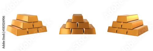 gold ingots stack on transparent background, left, front and right view (3d render)