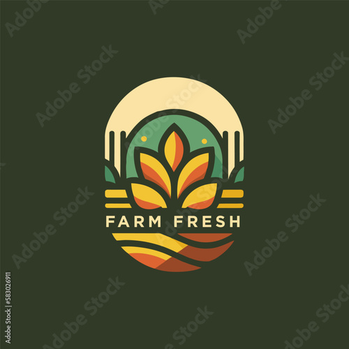 Organic product logo design. Farm logo design. Sun, leaf, green field. Minimal vector emblem