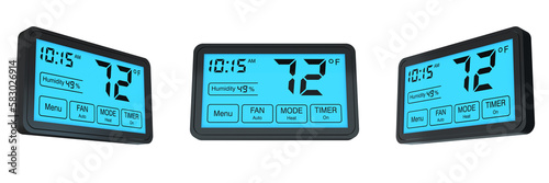 digital programmable thermostat on transparent background, left, front and right view (3d render) photo