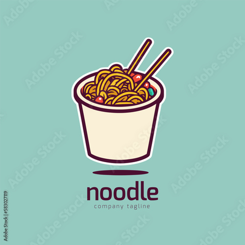 Takeaway chinese food badge of noodle box with chopsticks logo design icon
