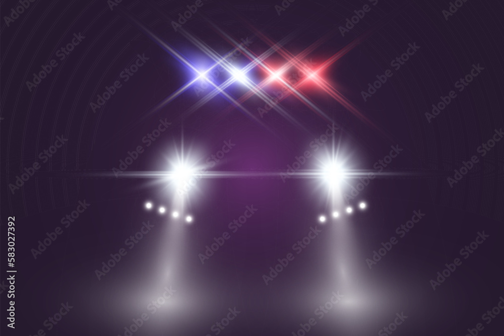Realistic white glow round beams of car headlights, isolated on transparent background. Police car. Light from headlights. Police patrol.	
