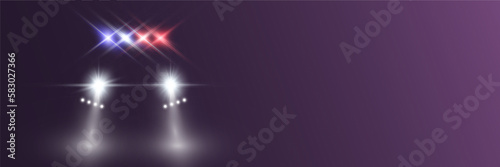 Realistic white glow round beams of car headlights, isolated on transparent background. Police car. Light from headlights. Police patrol.	