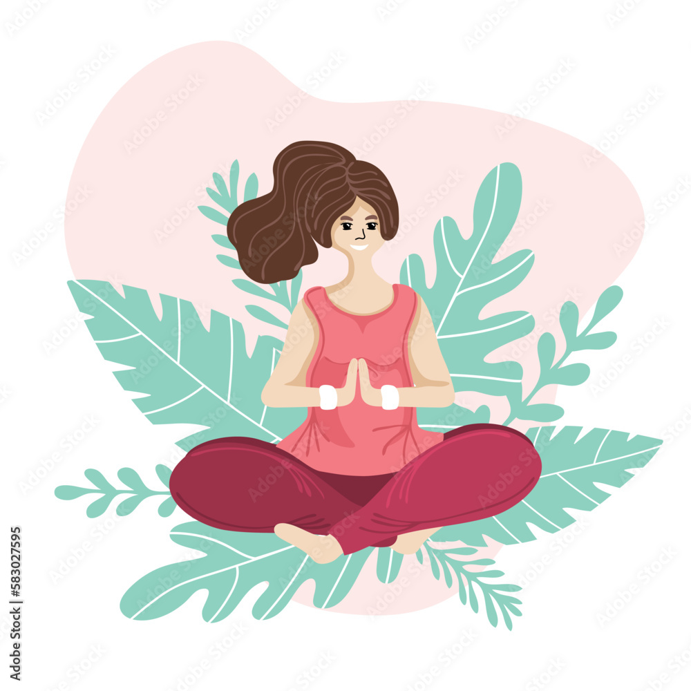 Pregnant woman doing yoga, having healthy lifestyle and relaxation, exercises for pregnant woman. Happy and healthy pregnancy concept. Vector illustration with nature background