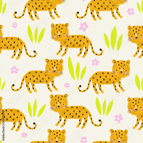 Seamless pattern with baby leopard and tropical leaves. Cute pattern with safari animal for textile.