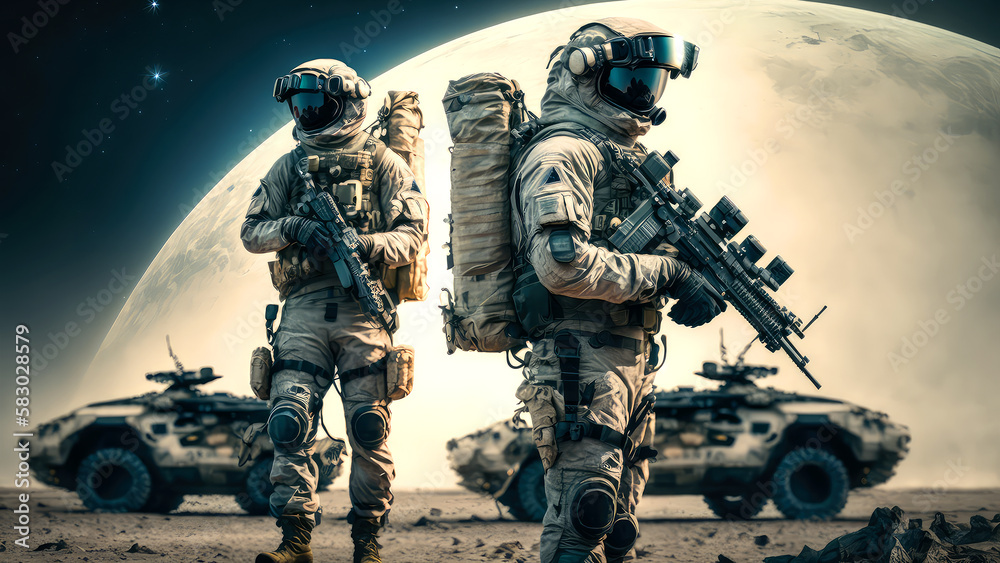 Futuristic space army with soldiers and vehicles on moon. Concept art of scifi space troops on alien planet. Generative AI Futuristic space army with soldiers and vehicles on moon. Concept art of scifi space troops on alien planet. Generative AI