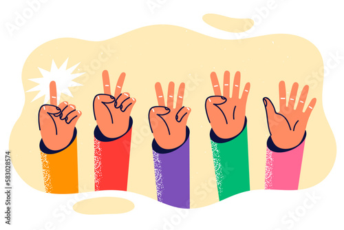 Hands with different number of bent fingers starting from one to five for teaching mathematics