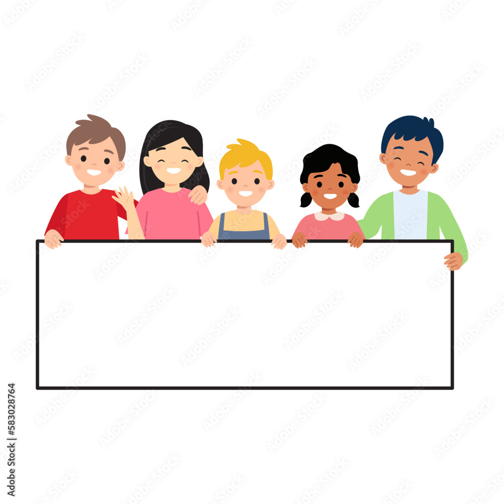 Cute children holding an empty board poster. Flat vector design Cute children holding an empty board poster. Flat vector design